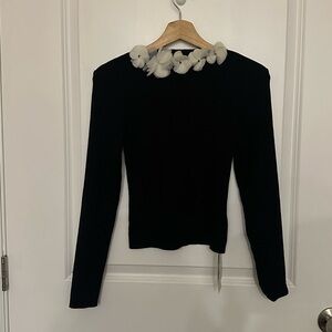 Commense Ribbed Black Blouse with White Floral Detail